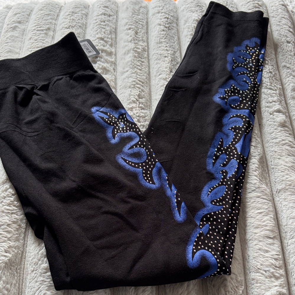 Kalli Collection Black Leggings with Blue and Silver Design